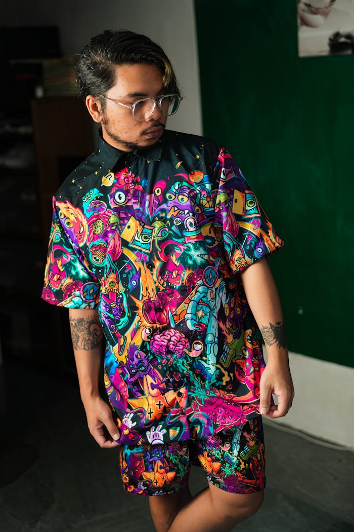 services-02 Man poses indoors wearing colorful graphic shirt and shorts, showcasing modern fashion.