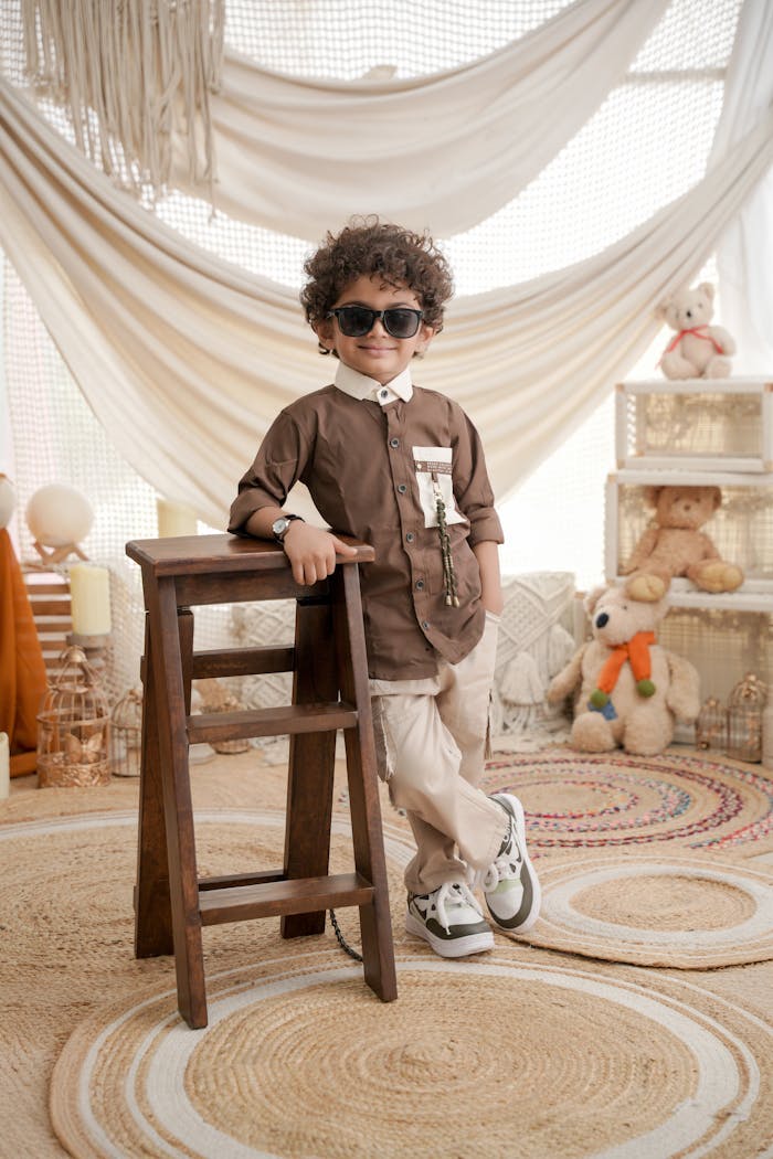 who-we-are A fashionable child in sunglasses poses confidently indoors.